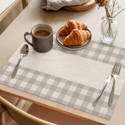 Cotton Linen Placemats for Dining Table Set of 8 Bohemia Grey Plaid