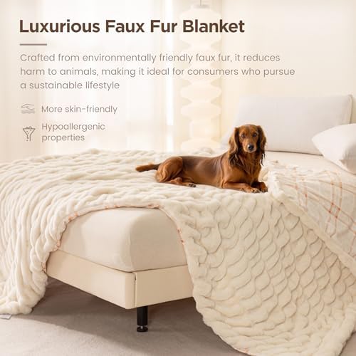 Sophia & William, Ruched Wavy Faux Fur Throw Blanket, 60 x 80, Cream