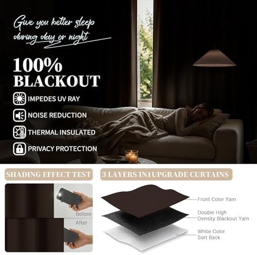 Yakamok Chocolate Brown Blackout Curtains 72" Long with Back Tab 40"