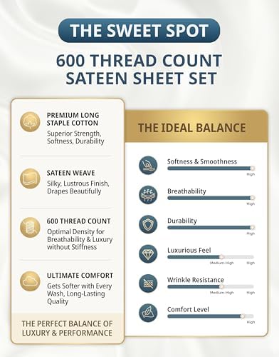 600TC 100% Long-Staple Cotton Twin Sheet Set - Premium Sateen Weave