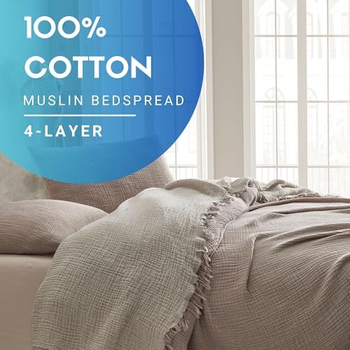 100% Turkish Cotton 4-Layer Muslin Bedspread Blanket, Soft Lightweight