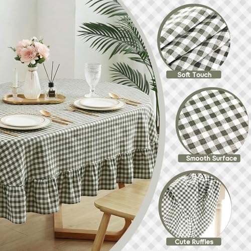 Mindsoft Green Gingham Ruffled Tablecloth, 60 x 84 Inches, Oval