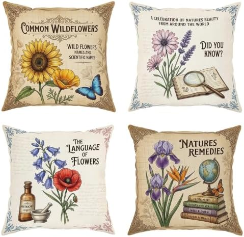 Vintage Botanical Floral Illustration Throw Pillow Covers 20x20 Set of