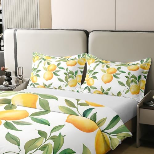 Manfei Lemons Duvet Cover Set Full Size 100% Cotton,Fruit Leaves Plant