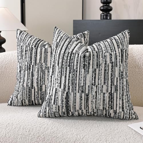 Striped Throw Pillow Covers 18x18 Set of 2 Black Textured Boucle Chic