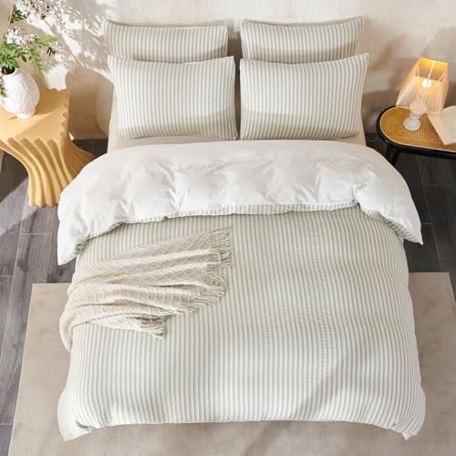 Duvet Cover Set Queen Striped Sage Green, 100% Washed Cotton Jacquard