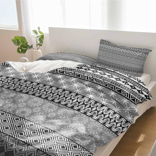 Duvet Cover Set Full, Ethnic Gray Geometric Retro 3 Piece Bedding Set