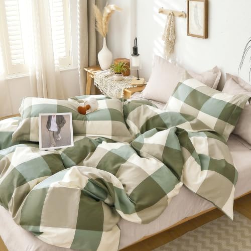 Sage Olive & Oatmeal Neutral Plaid Cotton Duvet Cover Set Twin Size
