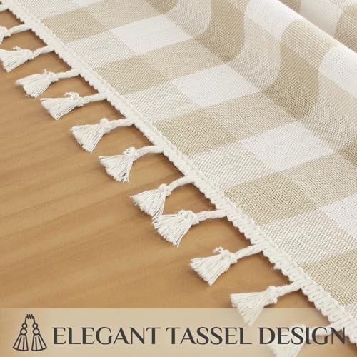 Softalker Gingham Round Tablecloth with Tassel, Beige, 70" x 70"