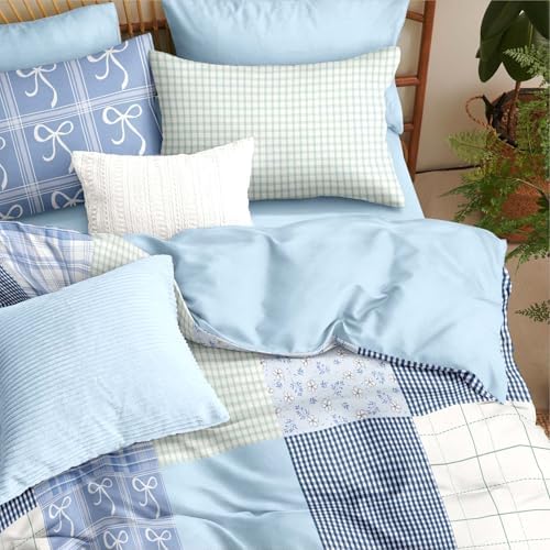 Nayoroom Plaid Duvet Cover Queen Reversible Blue Patchwork Coastal