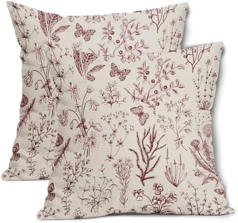 Spring Burgundy Red Floral Pillow Covers 18x18 Inch Vintage Wild