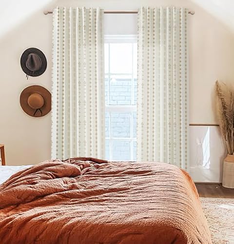 Dark Brown and Cream Beige Sheer Linen Curtains 96 Inches Long,Boho