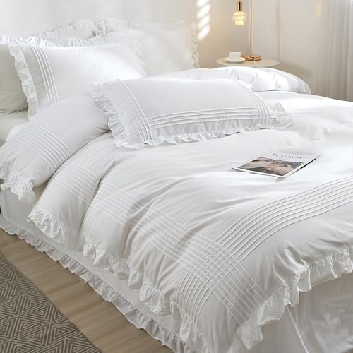 White Ruffle Duvet Cover King Size 3 Pieces, 100% Cotton Bedding