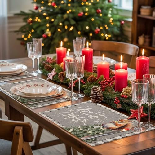 Placemats Set of 8, Christmas Tree Squirrel Winter Snowflake Washable