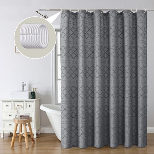 Lecloud Grey Fabric Shower Curtain 72x72 Inches, Clip Jacquard