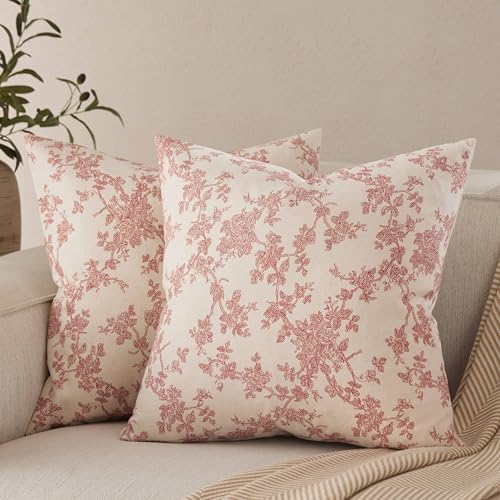 2 Pack French Floral Throw Pillow Covers 18x18in, Red/Cream