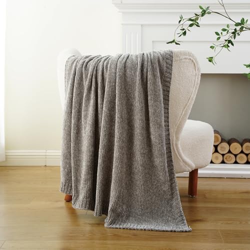 Chenille Throw Blanket for Couch Sofa, Light Grey Throw Blanket