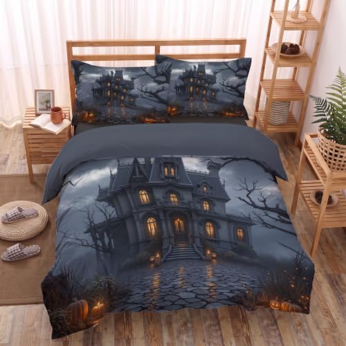 Charcoal Gray Night Sky Haunted House Duvet Cover Set For Women Girls