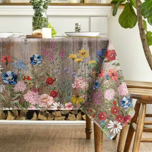 Horaldaily Spring Tablecloth 60 x 60 Inch Square Flowers Brown Wood