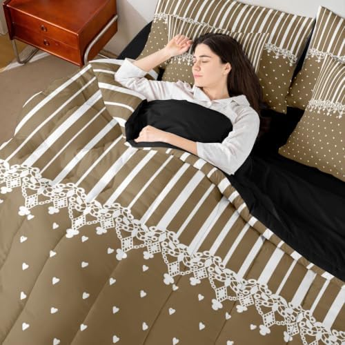 Erosebridal Taupe Heart Striped Queen Comforter Set with Sheets 7 Pcs