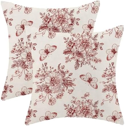 Chinoiserie Wine Red Floral Pillow Covers 18x18 Set of 2, Chinoiserie