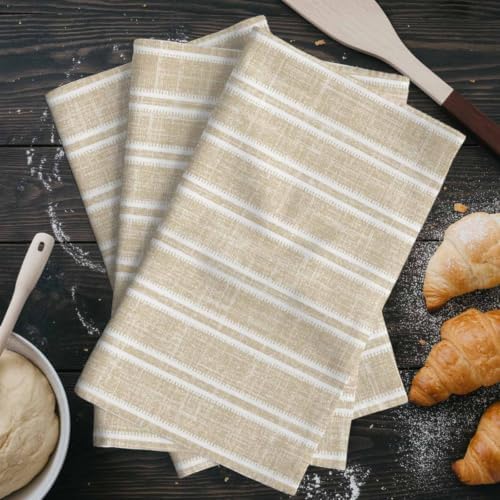 Beige White Stripes Kitchen Towels Set of 3, Rustic Warm Beige Lines