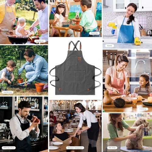 Unisex Aprons with Large Pockets,Cotton Canvas Cross Back Heavy Duty