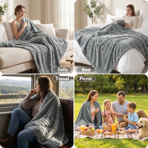 CozyLux Gray Twin Blanket for Bed, Ribbed Fleece, 60 x 80 Inch