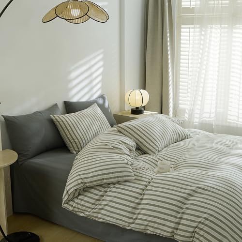 LifeTB Grey Striped Duvet Cover Set King, 100% Washed Cotton White
