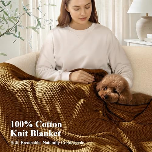 100% Cotton Cable Knit Throw Blanket, Lightweight Soft Knit Blanket