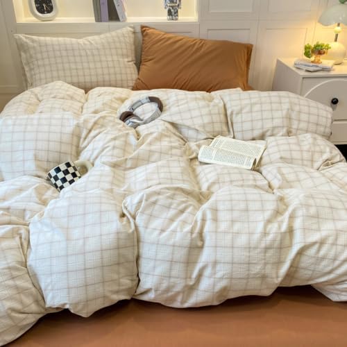 PinkMemory Beige Gingham Duvet Cover Bedding Queen 100% Washed Cotton