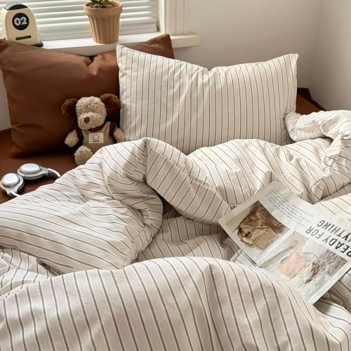 MKXI Twin XL Size Beige Brown Striped Duvet Cover Set - 3 Piece