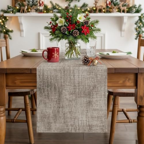 Brown Beige Table Runner - 90 Inch Long, Farmhouse Linen Texture