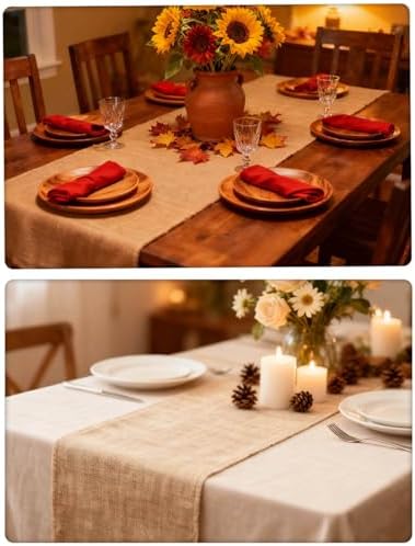 12×108 Inch Natural Burlap Table Runner, No-Fray Rustic Jute Hessian