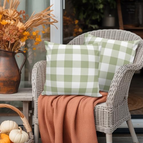 Sage Green White Plaid Waterproof Pillow Covers Set of 2,Minimalist
