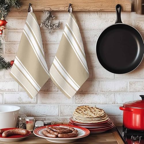 Farmhouse Beige Striped Kitchen Towels Set of 3, Absorbent Dish Towels
