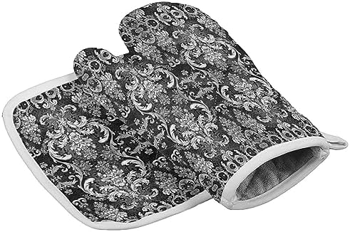 Quilted Cotton Terry Cloth Oven Mitt, Pot Holder Grey Floral Textured