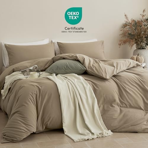 JELLYMONI 100% Cotton Queen Duvet Cover Set, Washed Linen-Like Texture
