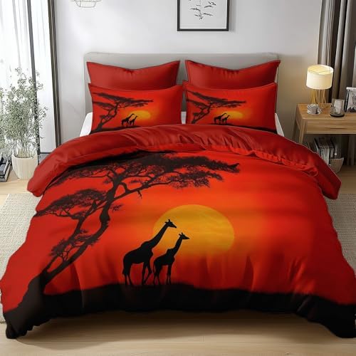 California King Duvet Cover Set African Sunset Giraffes Bedding with