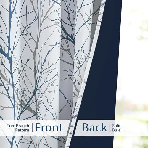 FMFUNCTEX 100% Blackout Blue Grey Tree Branch Curtains 96 Inch 2