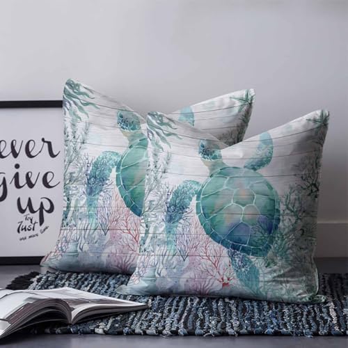 20x20 Pillow Covers Set of 2, Teal Sea Turtle Throw Pillow Covers