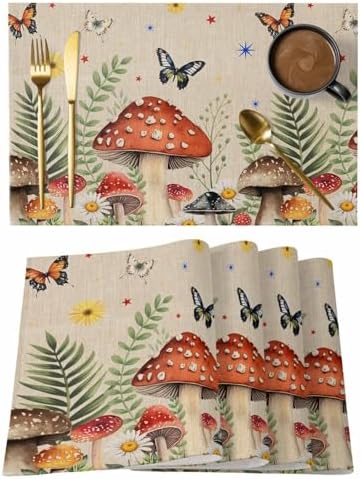 Placemats Set of 8, Spring Mushrooms Woven Placemat, Linen Place Mats