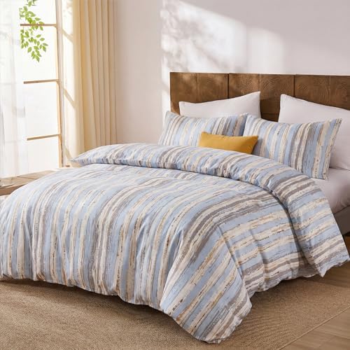 Herside 100% Cotton Striped Duvet Cover Set King Size, Gray Blue
