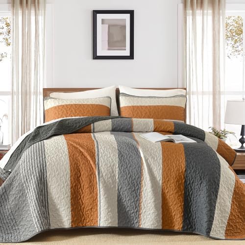 Dinjoy King Boho Striped Quilt Set, Orange Lightweight Bedspread