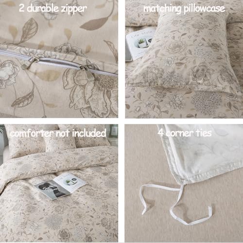 FADFAY Light Khaki Vintage Hydrangea Floral Duvet Cover Set Queen Size