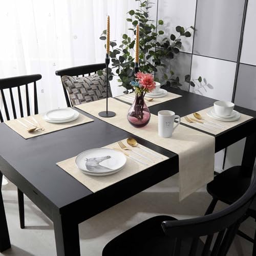 Linen Texture Table Runner and Placemats Set of 4 Boho Farmhouse Solid
