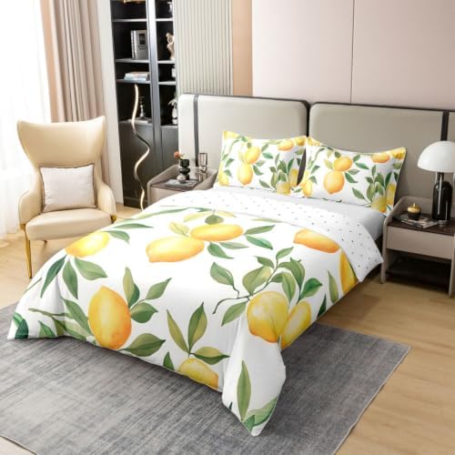 Manfei Lemons Duvet Cover Set Full Size 100% Cotton,Fruit Leaves Plant