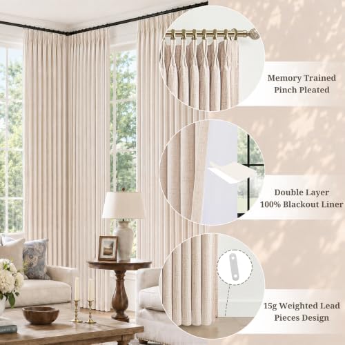 108 Inch Oatmeal Blackout Linen Pinch Pleated Curtains,2