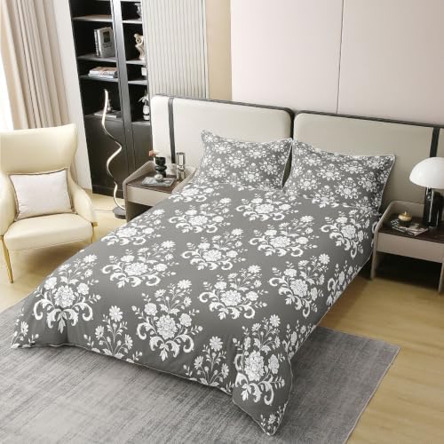 Feelyou Grey Floral Duvet Cover 100% Cotton Queen Size Boys Girls