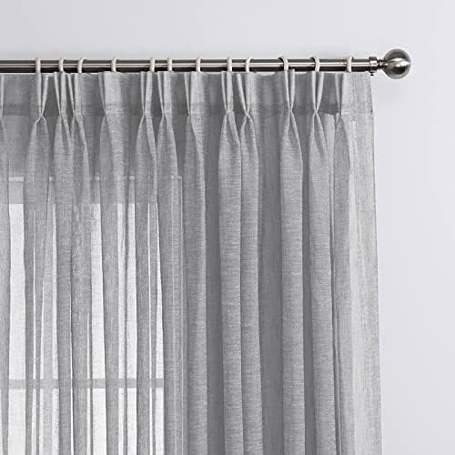 Sheer Curtains 108 inches Long, Faux Linen Double Pleated Window Sheer